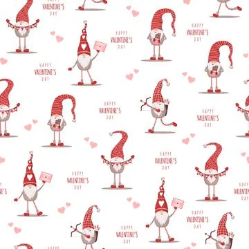 Seamless cute pattern with scandinavian gnomes. Happy Valentines day. Vector Stock Illustration