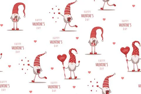 Seamless cute pattern with scandinavian gnomes. Happy Valentines day. Vector Illustrazione stock