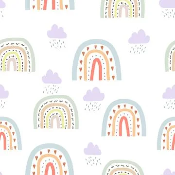 Seamless cute pattern in scandinavian style for kids, children. Rainbow and c Illustrazione stock