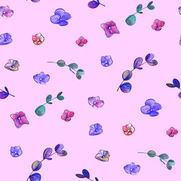 Seamless cute pattern with Small multicolored watercolor flowers on pink Stock Illustration