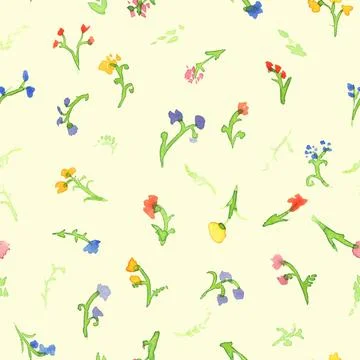 Seamless cute pattern of watercolor meadow, lowers on soft yellow color or beige Stock Illustration