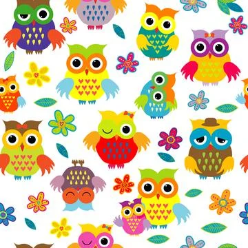 Seamless cute pattern whith cartoon owls on white background Stock Illustration