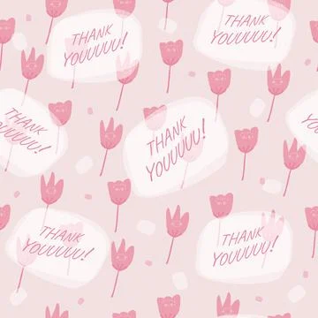 Seamless cute pink flower pattern background with thank you word ,thank you c Stock Illustration