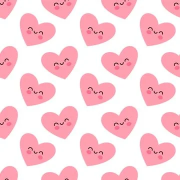 Seamless Cute Pink Heart Pattern with Smiling Faces in Kawaii Style Stock Illustration
