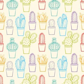 Seamless cute sketch cactuses Ilustración de archivo