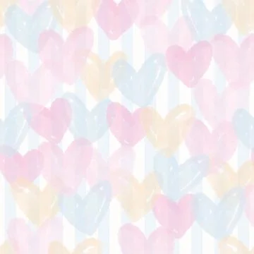 Seamless cute valentine day pattern on stripe background with watercolour hea Stock Illustration