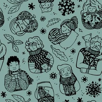 Seamless cute winter pattern. Diverse people in warm clothes, snowflakes and  Stock Illustration
