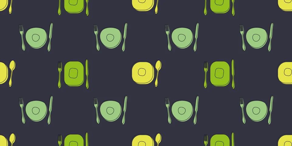 Seamless Cutlery Pattern Background - Rows of Many Retro Style Hand Drawn F.. Stock Illustration