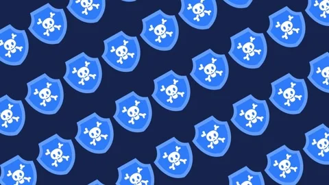 Seamless cybersecurity pattern with skull and shield icons on dark blue wallpape Stock Footage 329383572