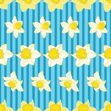 Seamless daffodil pattern on blue Horizontal stripes Stock Illustration