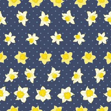 Seamless daffodil pattern on blue polka dots background Stock Illustration