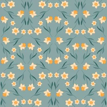 Seamless daffodil pattern on a green background. Stock Illustration