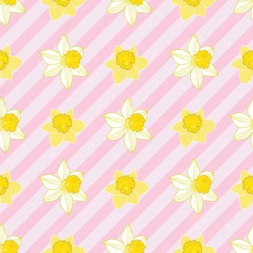 Seamless daffodils pattern on pink diagonal stripes Stock Illustration