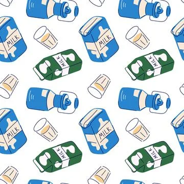 Seamless dairy pattern with milk bottle, carton and glass in a flat style on Stock Illustration