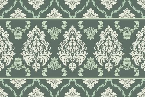Seamless damask border pattern in elegant sage green and off-white Stock Illustration