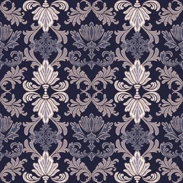 Seamless Damask Ikat Pattern with Purple Floral Ornaments on Navy Stockillustratie