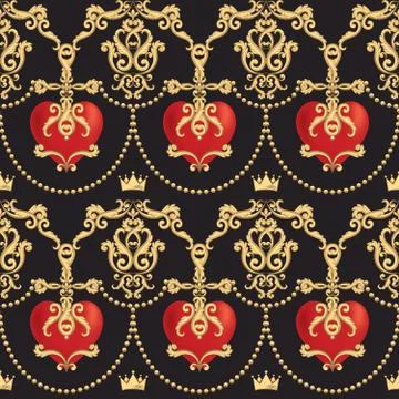 Seamless damask pattern with beautiful ornamental red heart s with crown on Stock Illustration