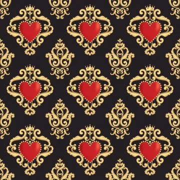 Seamless damask pattern with beautiful ornamental red heart s with crown on Stock Illustration