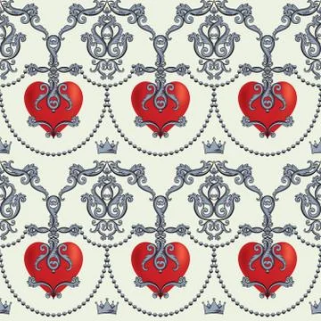 Seamless damask pattern with beautiful ornamental red hearts with crowns. Vector Stock Illustration