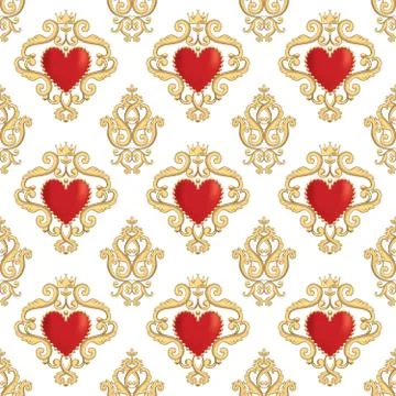Seamless damask pattern with beautiful ornamental red hearts with crowns. Vector Stock Illustration