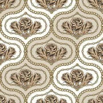 Seamless damask pattern with chains, beads, roses Stock Illustration