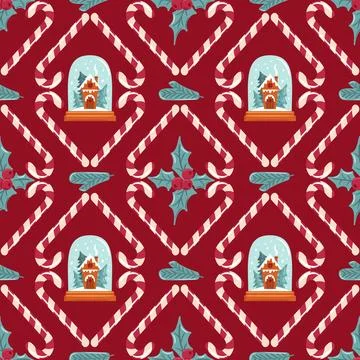 Seamless Damask pattern featuring a snow globe with a cozy house, holly leaves Illustrazione stock