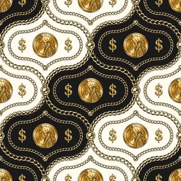 Seamless damask pattern with gold chain, beads, dollars coins, dollar sign Stock Illustration