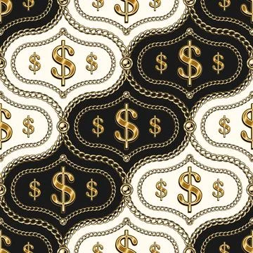Seamless damask pattern with gold dolalr sign Stock Illustration
