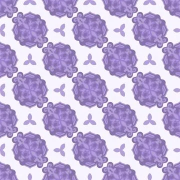 Seamless Damask Pattern with Purple Floral Ornaments on White Background Stock Illustration