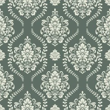 Seamless damask pattern in off-white on a sage green background Stock Illustration