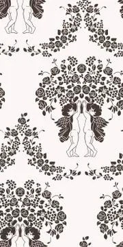 Seamless damask vector vintage pattern flowery vase angels Stock Illustration