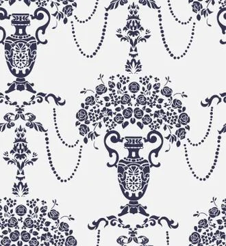 Seamless damask vector vintage pattern flowery vase Stock Illustration