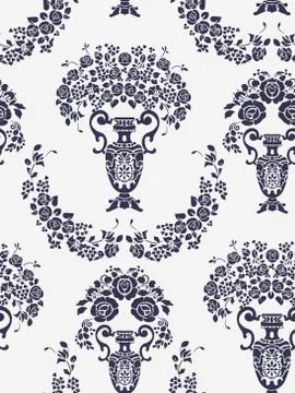 Seamless damask vector vintage pattern flowery vase Stock Illustration
