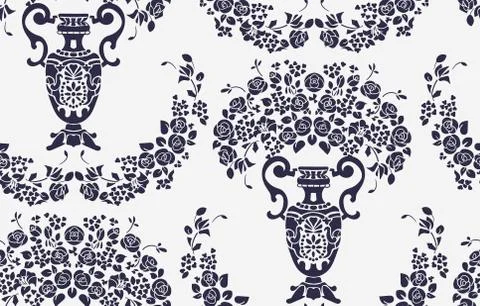 Seamless damask vector vintage pattern flowery vase Stock Illustration