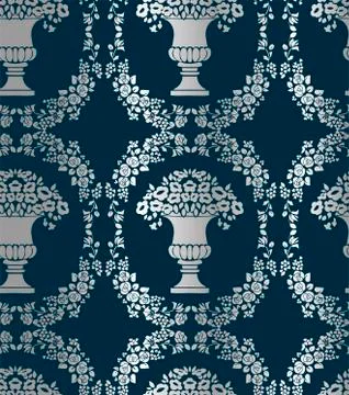 Seamless damask vector vintage pattern flowery vase Stock Illustration