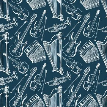 Seamless dark background with musical instruments Illustrazione stock