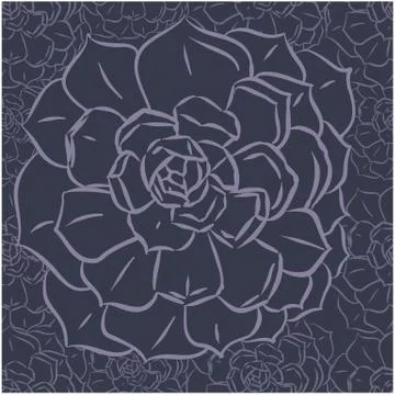 Seamless dark blue pattern contour of big and many little echeveria Stock Illustration