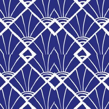 A seamless dark blue textile pattern featuring elegant white floral and geometri Illustrazione stock