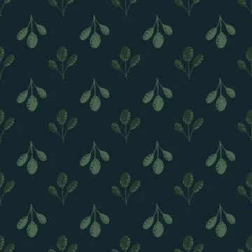 Seamless dark botanic pattern with cute little green branches silhouettes. Na Illustrazione stock