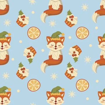 Seamless dark christmas pattern cute fox in hat orange christmas cake Stock Illustration