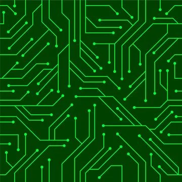Seamless dark circuit board pattern with glowing green lines Stock Illustration