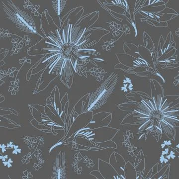 Seamless dark grey pattern with flowers lily Stock Illustration
