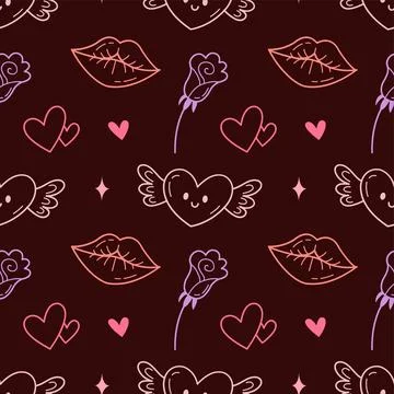 Seamless Dark Love Doodle Pattern with Winged Hearts, Roses and Lips Stock Illustration