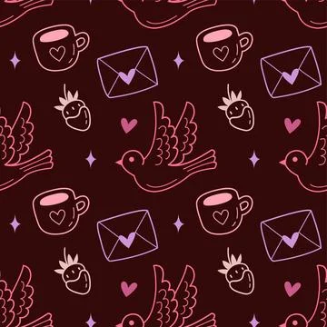 Seamless Dark Love Doodle Pattern with Birds, Cups, Letters and Strawberries Stock Illustration