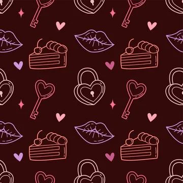 Seamless Dark Love Doodle Pattern with Heart Locks, Keys, Lips and Cake Slices Stock Illustration