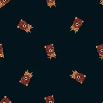 Seamless dark pattern with brown bears silhouettes print. Black background. C Stock Illustration