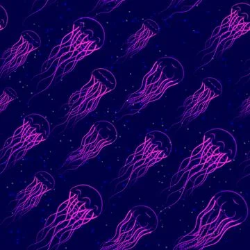 Seamless dark pattern. Print of pink and violet jellyfish on purple backgroun Stock Illustration