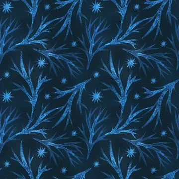 Seamless dark pattern with stylized magical forest, firs, stars. Hand drawn Stock Illustration