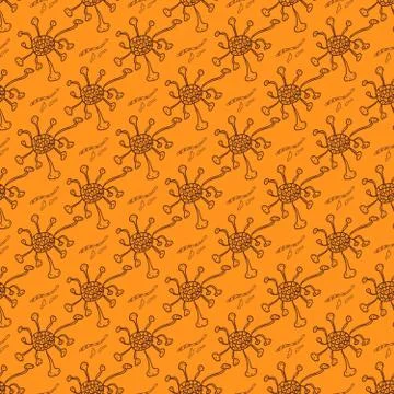 Seamless dark patterns of viruses on a orange background. Doodle style Stock Illustration