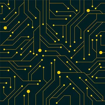 Seamless dark teal circuit board pattern with gold connection lines Stock Illustration